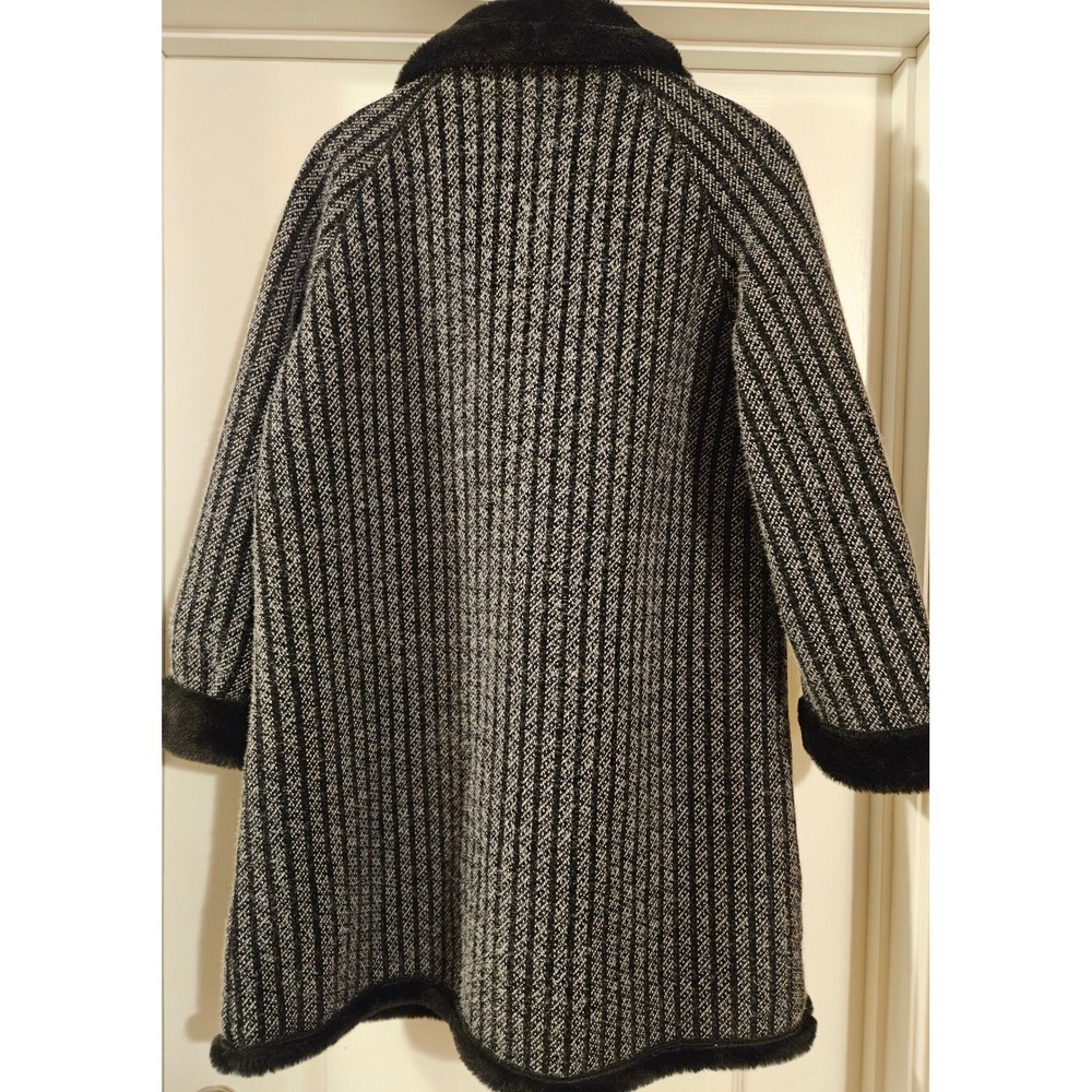 Vintage Style Striped Faux Fur Trim Coat Black White Mid Length Heavyweight L - Picture 4 of 14
